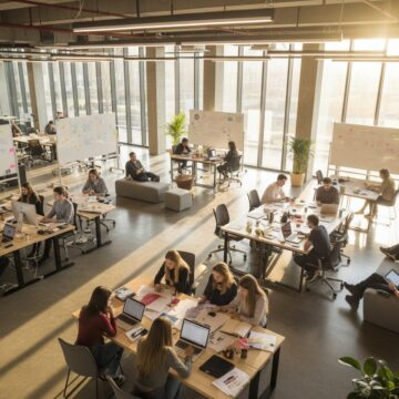 Un open space qui travaille dans la communication