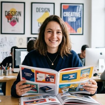 Une étudiante qui présente son portfolio communication