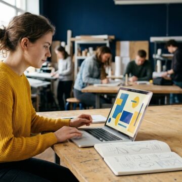Étudiante en communication qui retouche un visuel sur son ordinateur portable dans un atelier créatif