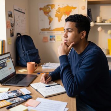 Un jeune étudiant assis à son bureau dans sa chambre, le menton posé sur sa main dans une attitude pensive, devant un ordinateur portable, un carnet de notes et des brochures d'orientation. En arrière-plan, une carte du monde et une étagère avec des livres sont éclairées par la lumière naturelle de la fenêtre.
