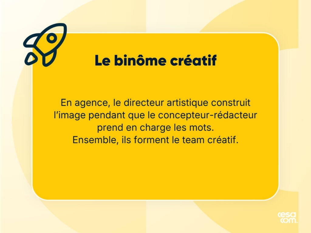 Le binôme créatif d’une agence de communication, le directeur artistique pour l’image et le concepteur-rédacteur pour les mots